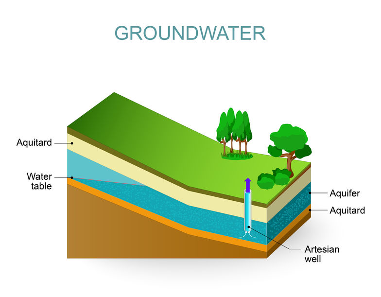 Groundwater and Artesian aquifer. Water table